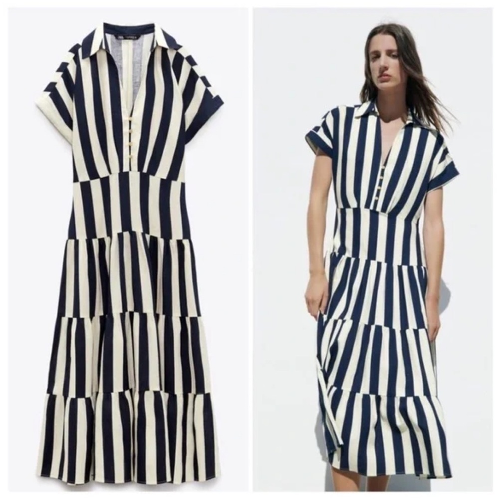Zara Linen Blend Striped Midi Dress